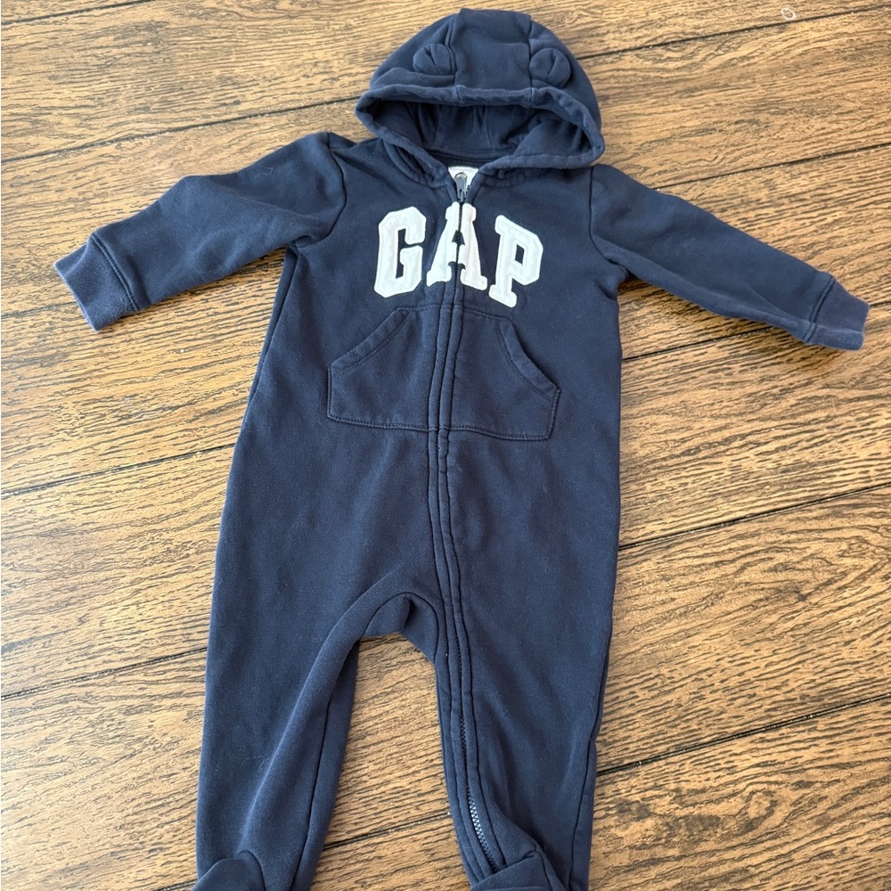 EUC Baby GAP Dark Blue hooded footed jumpsuit